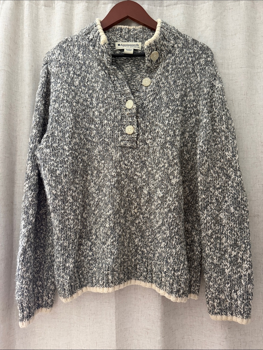 Appleseed's Marled Gray Henley Button Sweater with Cream Trim